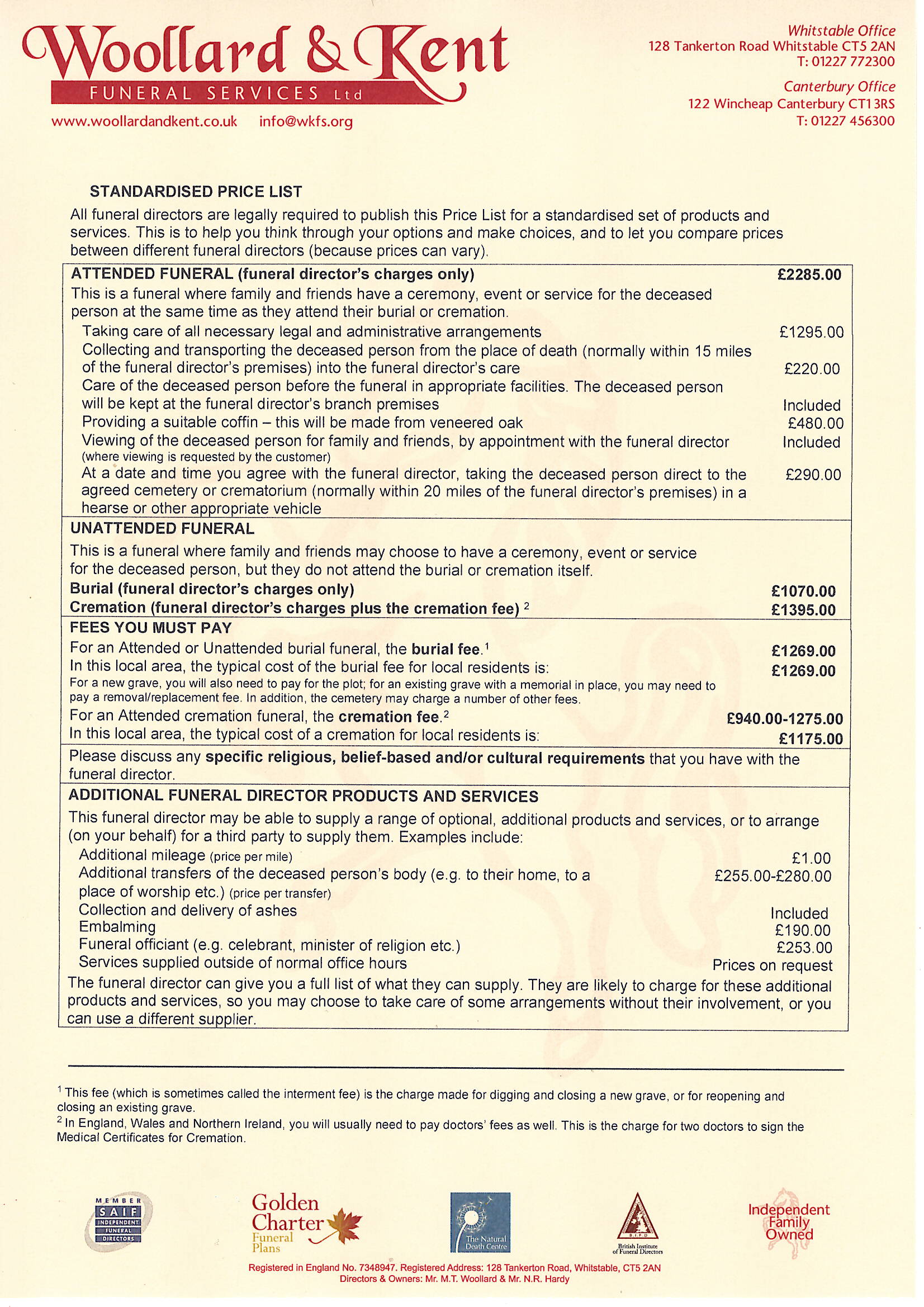 Standardised Price List