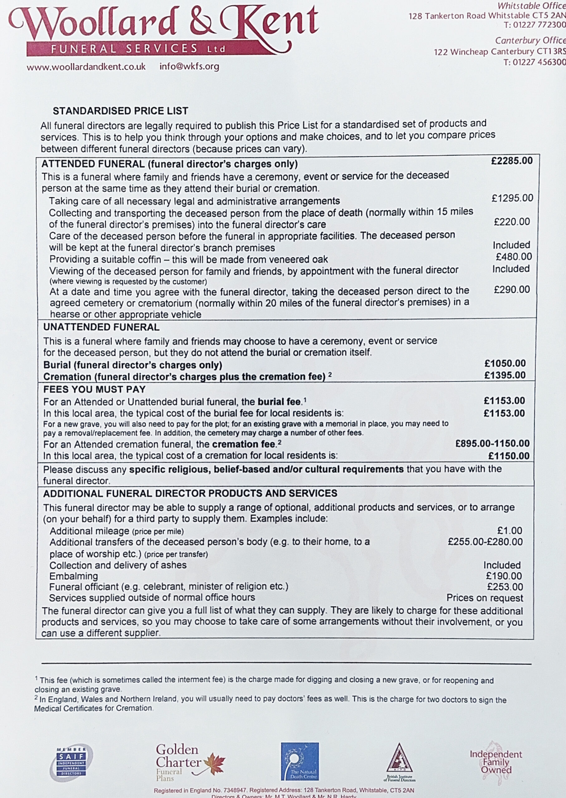 Standardised Price List & Crematorium Prices Woollard & Kent